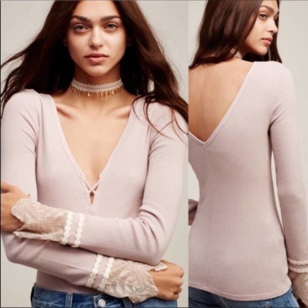 Free People Pink Last Dance Thermal Top Waffle Knit Lace Cuffs V Neck NWT Size L